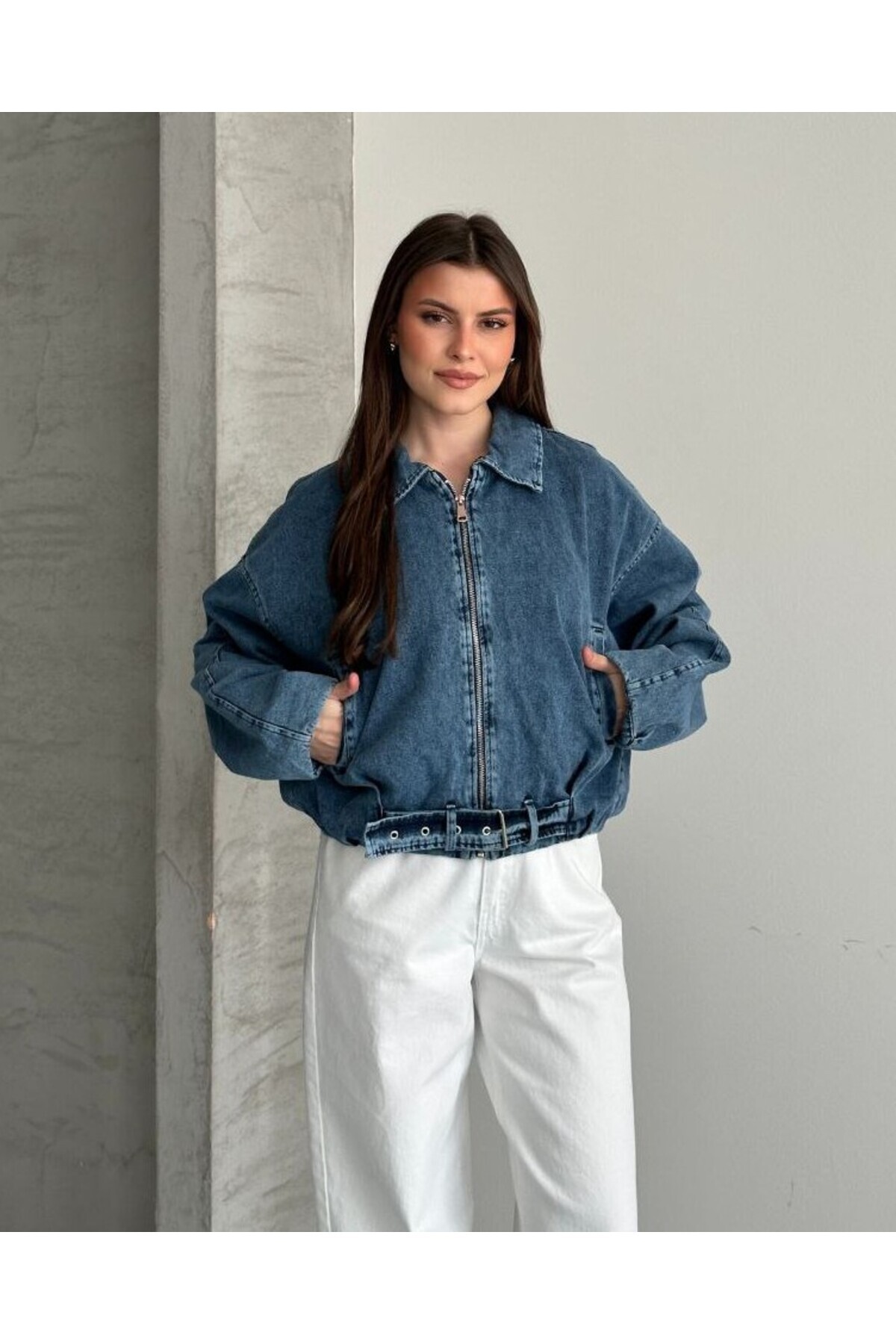 Belt Detailed Oversized Jean Denim Jacket