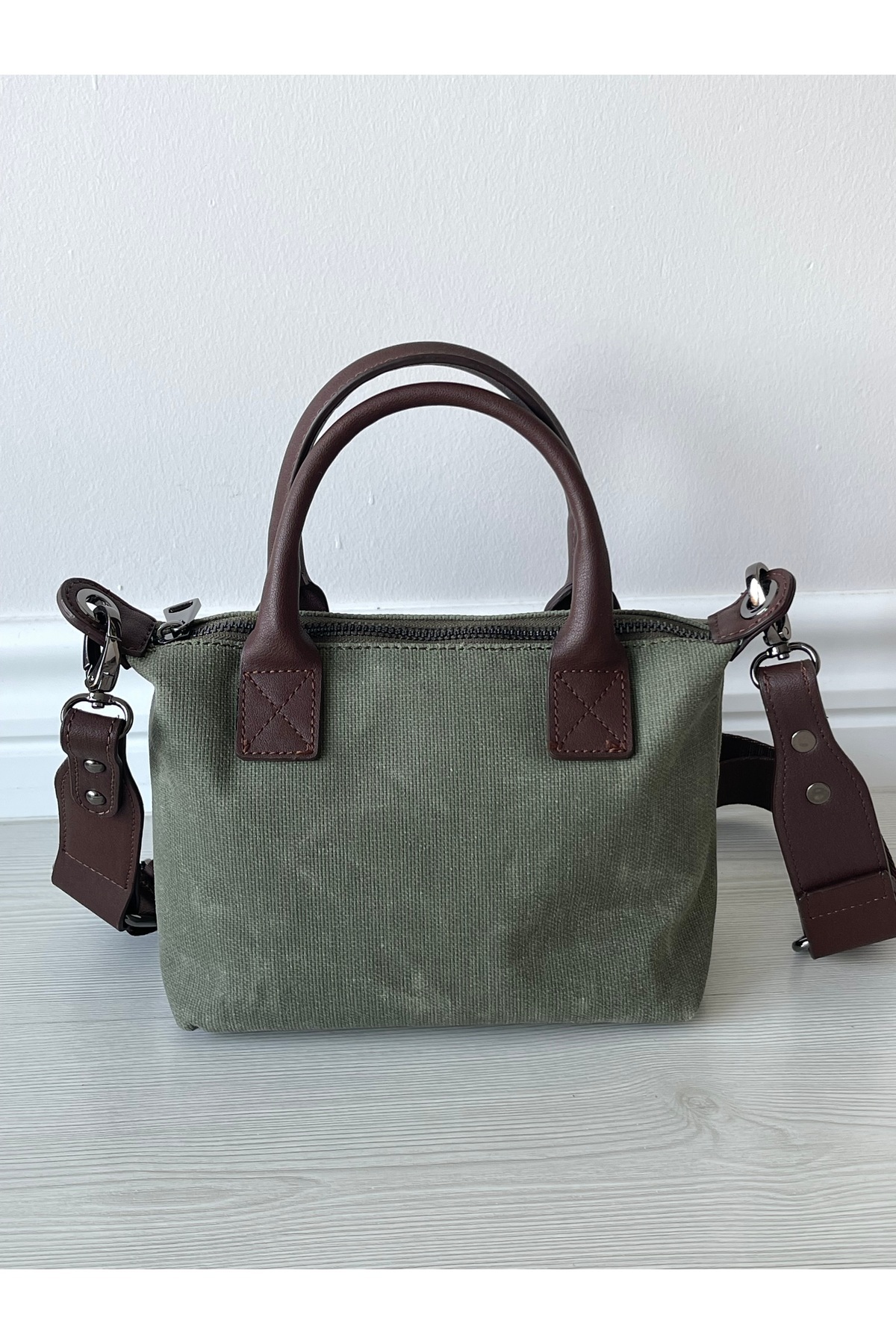Nura Collection Haki Yeşili Keten Kadın Mini Mektup Model El Ve Omuz Çantası görsel 4