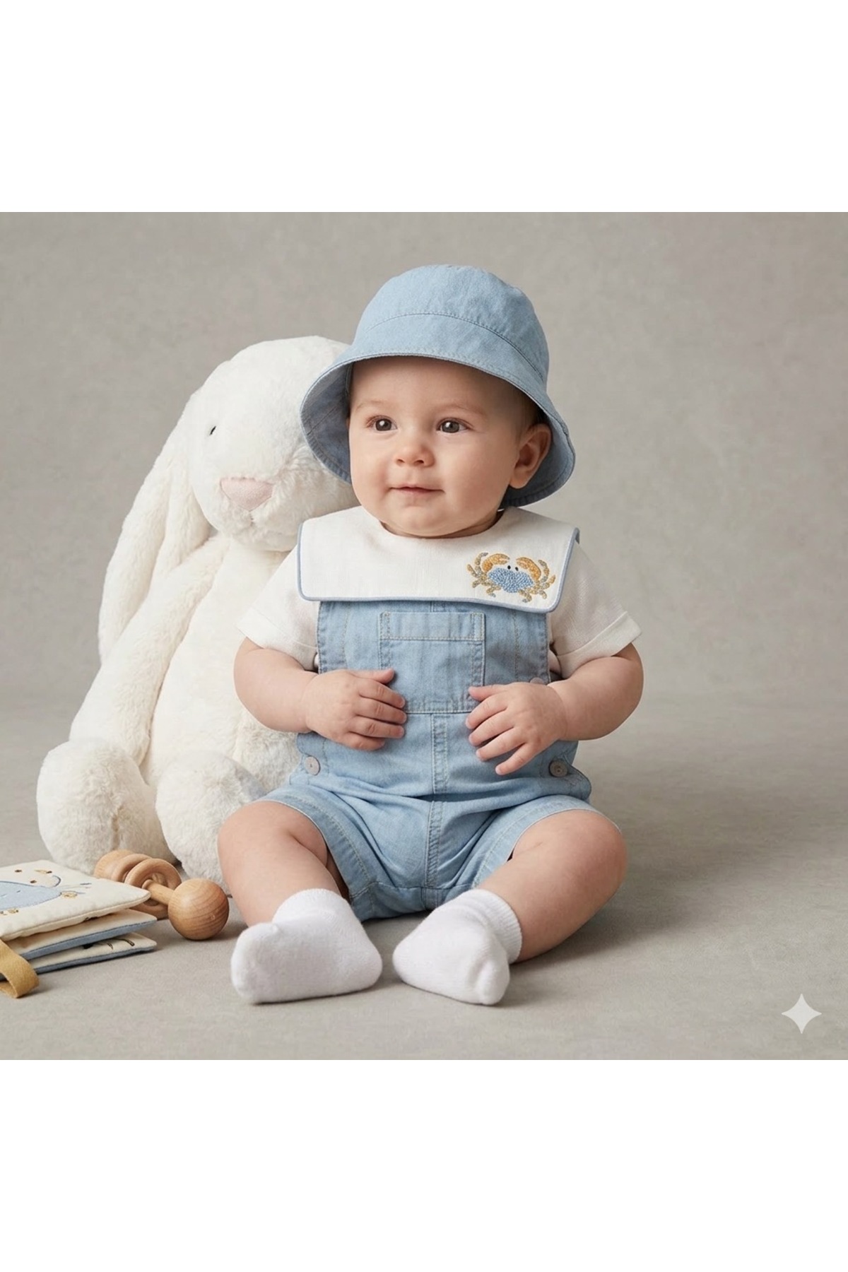 Pure Kids Store 100% Organic Cotton Baby Boy Denim Salopet Set Crab Embroidered Bodysuit, Hat and Socks Set of 4