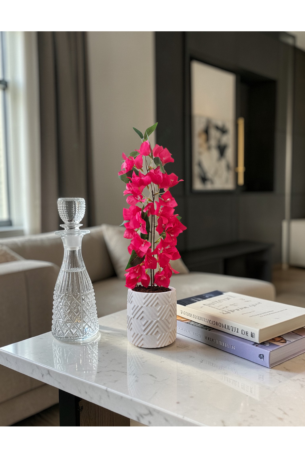 Artificial Begonville in Concrete Flower Pot Large Size 2 Branches Pumice Stone Filled Flower Pot 50cm