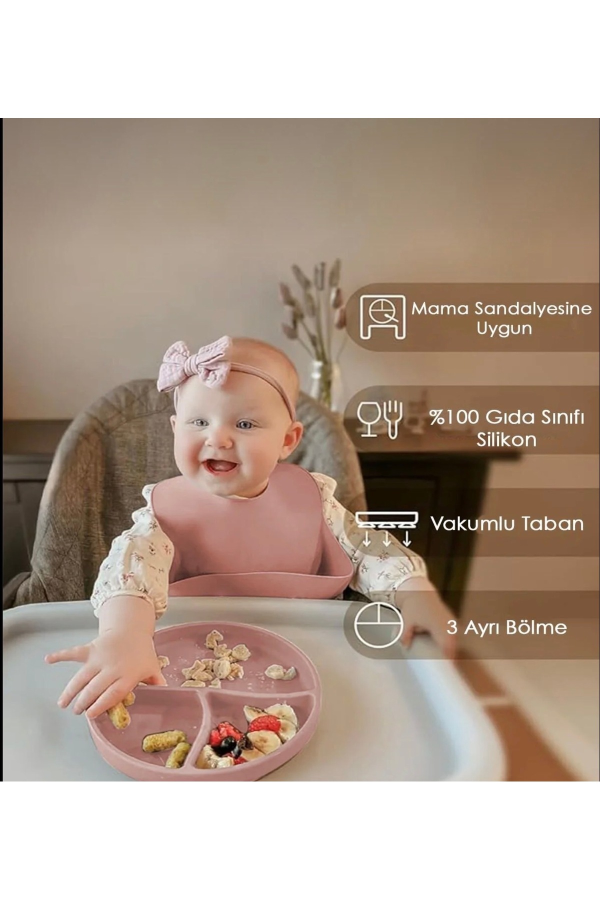 ermaslicon 2’li Silikon Mama Bebek Beslenme Seti- Diş kaşıyıcısı kaşık Vakumlu Tabak Pembe fotoğrafı 3 (önizleme)