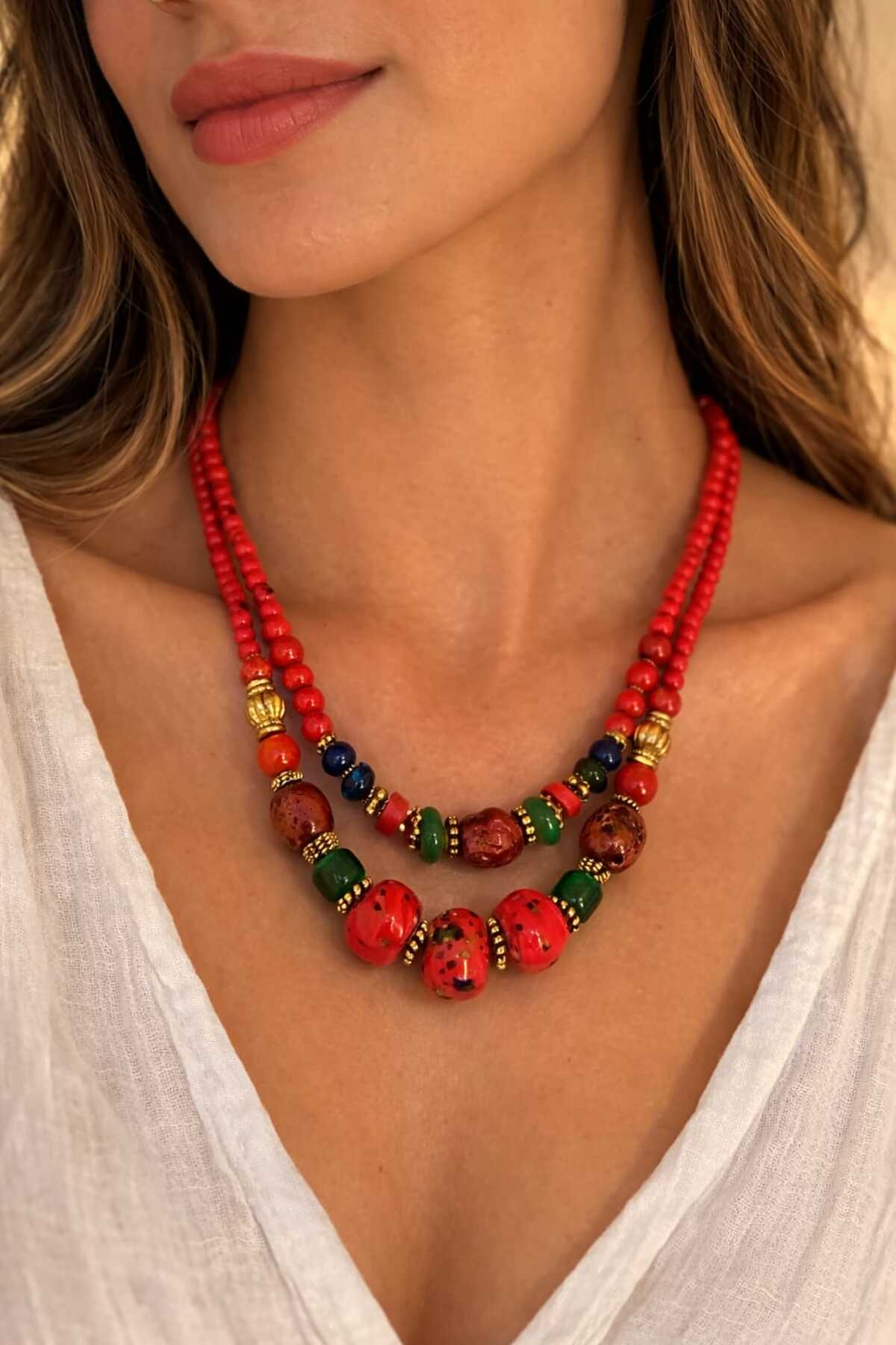 Hera Bohemian Natural Stone Ethnic Design Red Color Handmade Women's Necklace