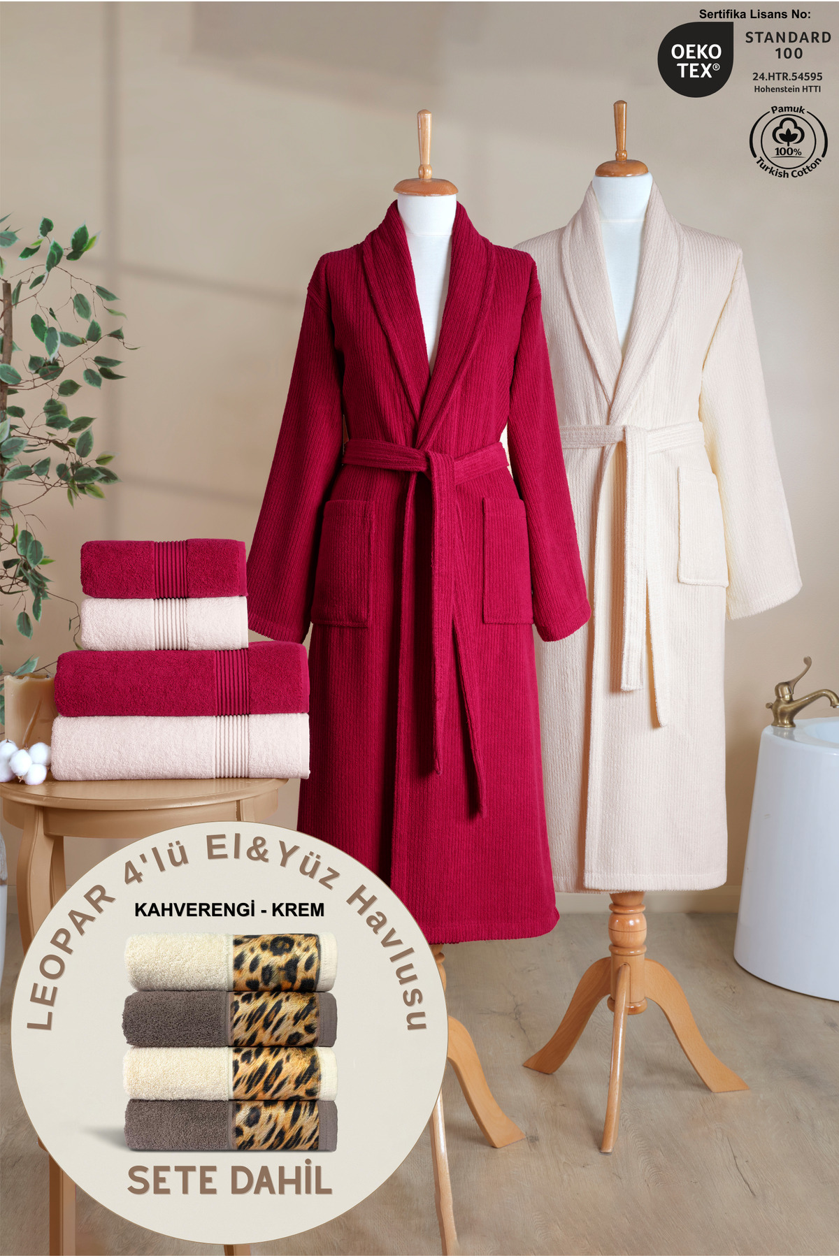 6-Piece Striped Bathrobe Set 100% Cotton Certified+ GIFT LEOPARD 4-Piece Coffee Cream Hand Face Towel Dowry