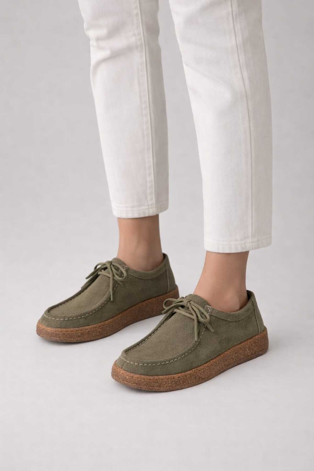 Melinta Shoes Melinta Haki Süet Kauçuk Taban Kadın Loafer Günlük Ayakkabı
