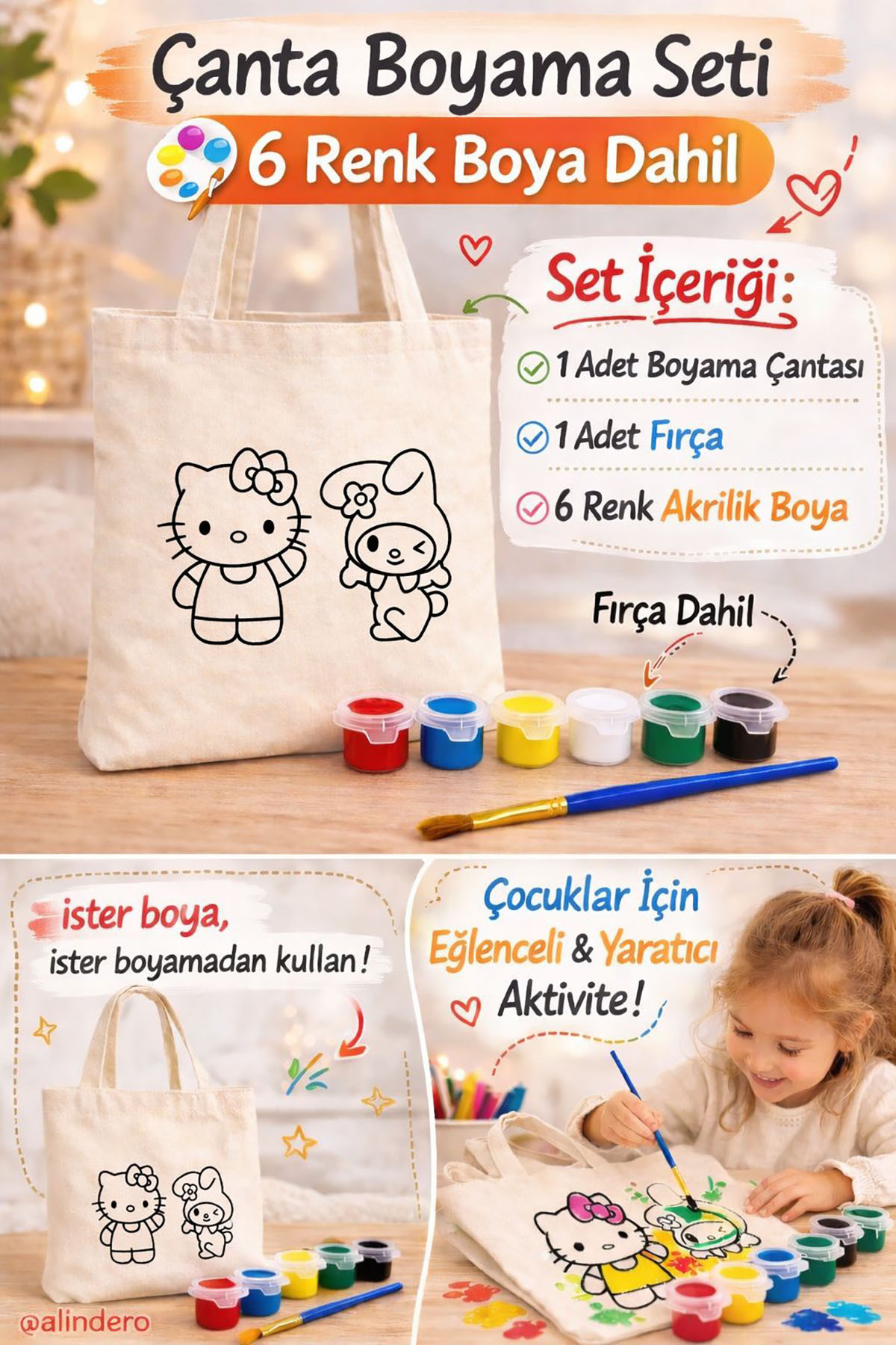 Alindero HAZIR GÖRSEL Bez çanta çocuk boyama çantası HELLO KİTTY MELODY tote bag Doğum günü hediyesi fotoğrafı 2 (önizleme)