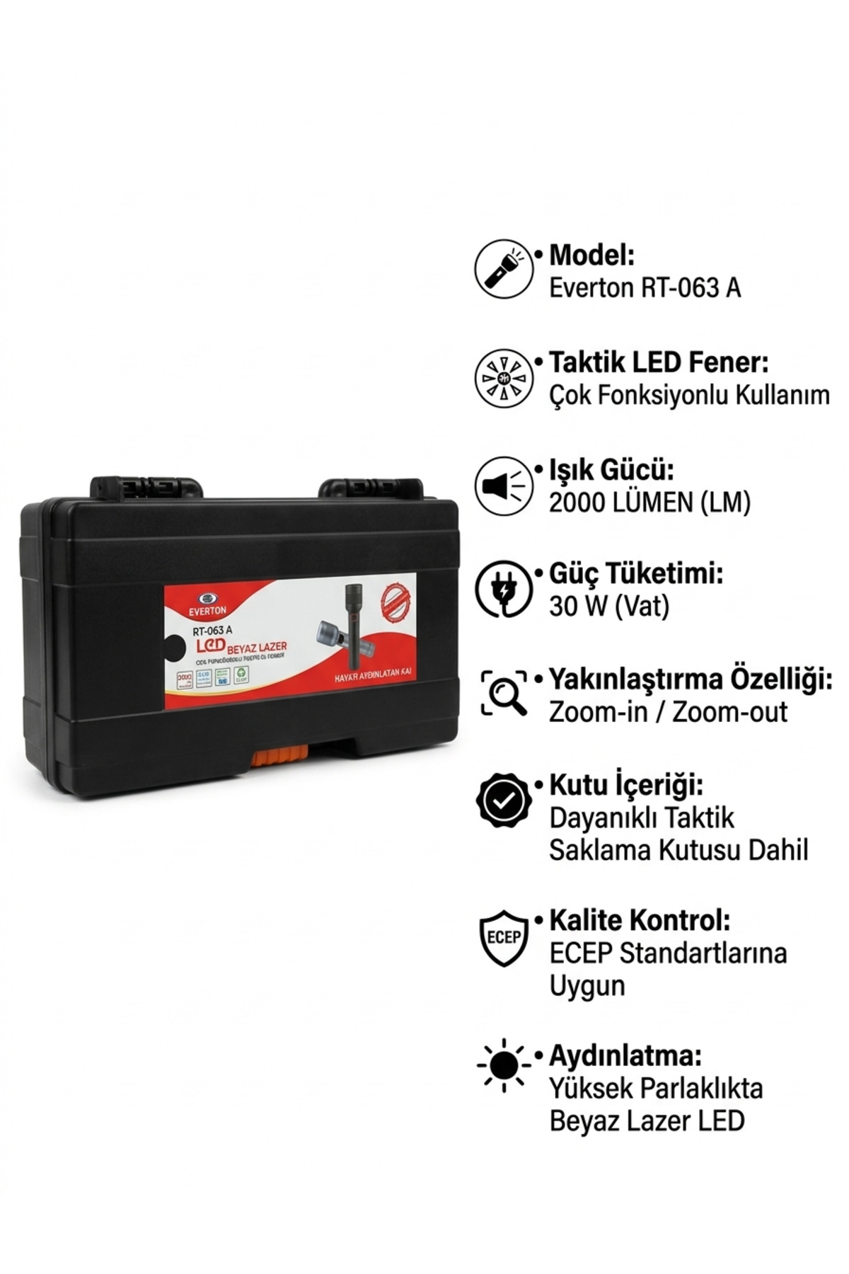 Everton RT-063 A Profesyonel Taktik LED El Feneri - 2000 Lümen 30W