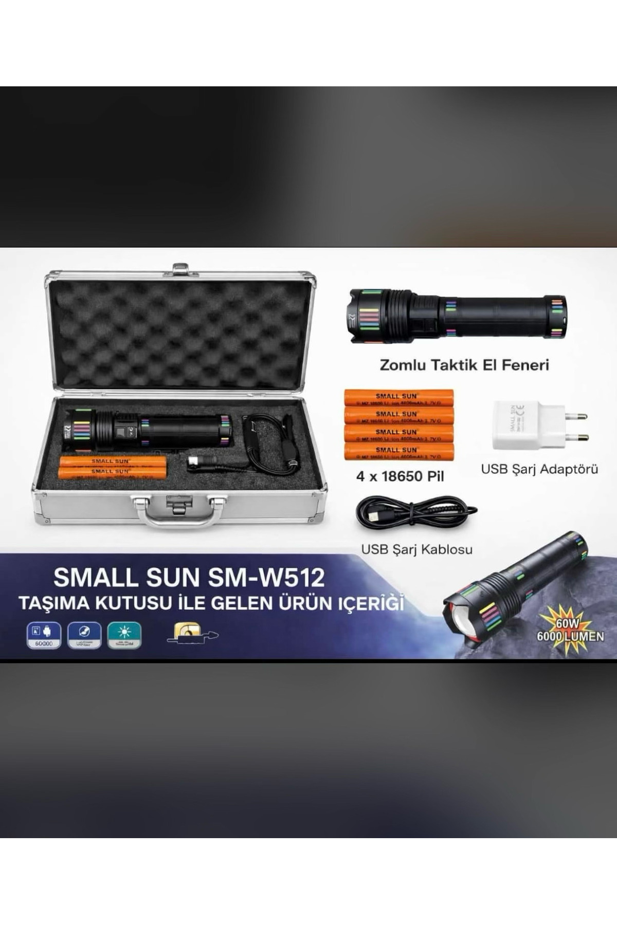Small Sun SM-W512 Profesyonel Lazer LED El Feneri - 60W 6000 Lümen