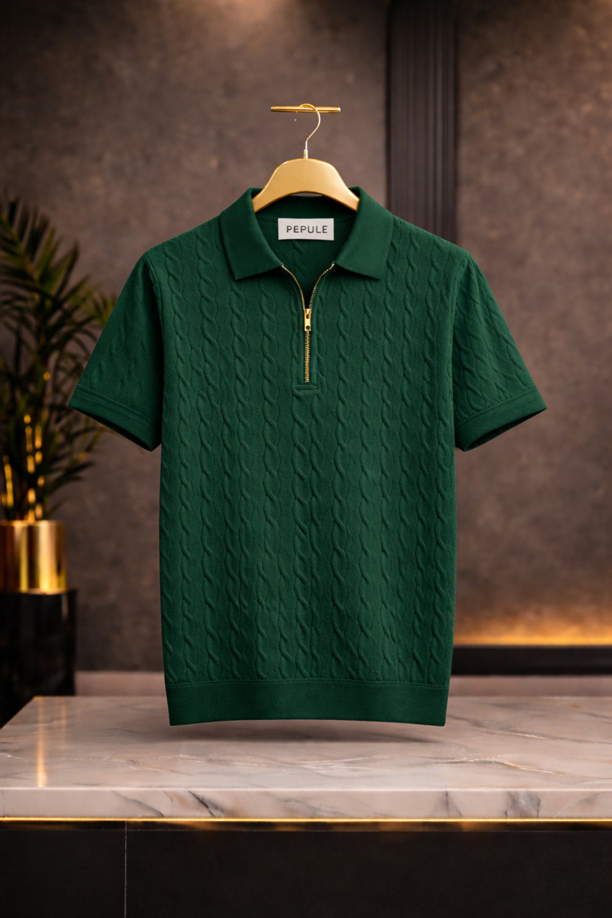 Men's Polo Neck Hair Knit Knitwear Textured Regular Cotton T-shirt