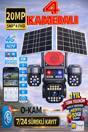 TRCharger 20MP 4 Kameralı 4G Çift Solar Panel Renkli Gece Görüş TurkTelekom 1...