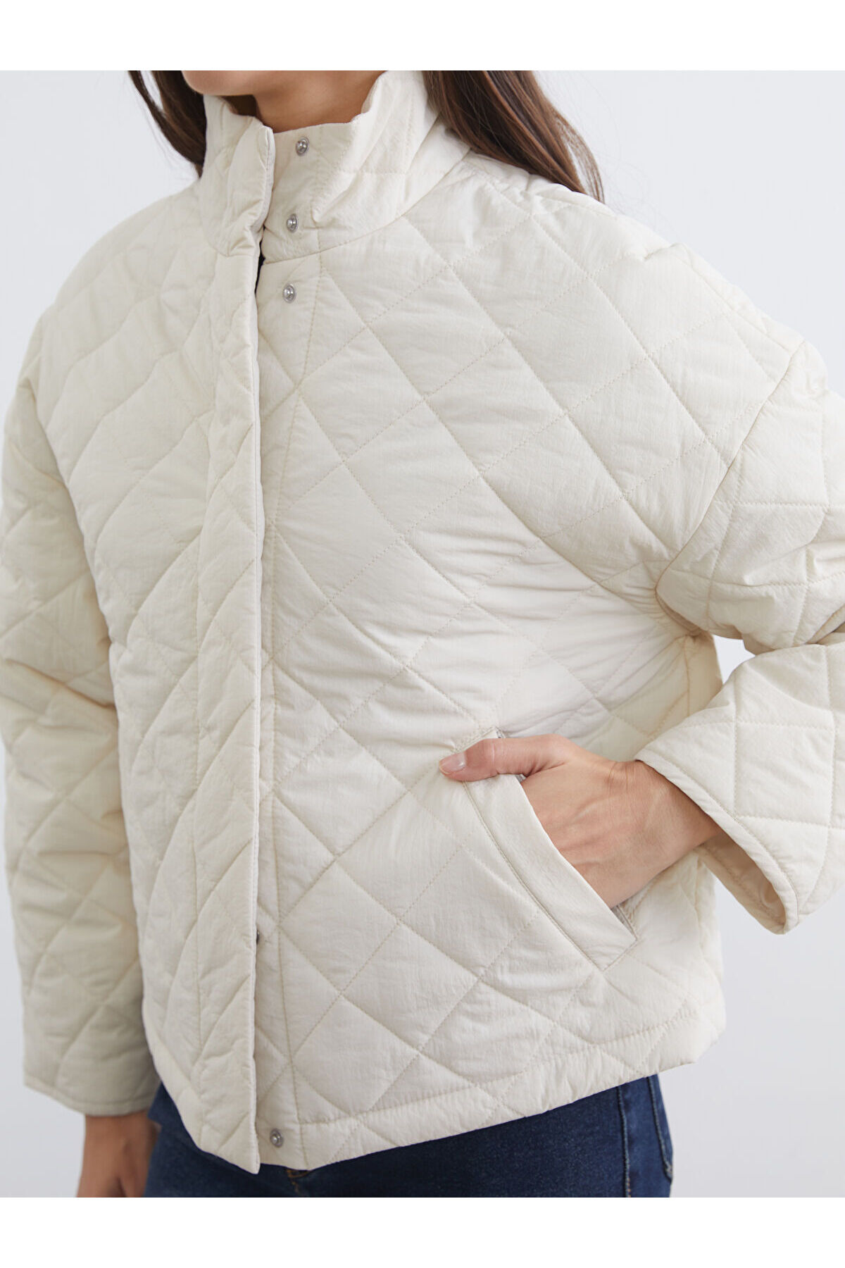 LC Waikiki  Timeless Clothing & Zamansız Seçimler Hakim Roba Yaka Baklava İşlemeli Kadın Şişme Mont - Görsel 5