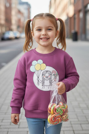 evavi Kız Çocuk Şeker Bulut Baskılı Bisiklet Yaka Pembe Sweatshirt