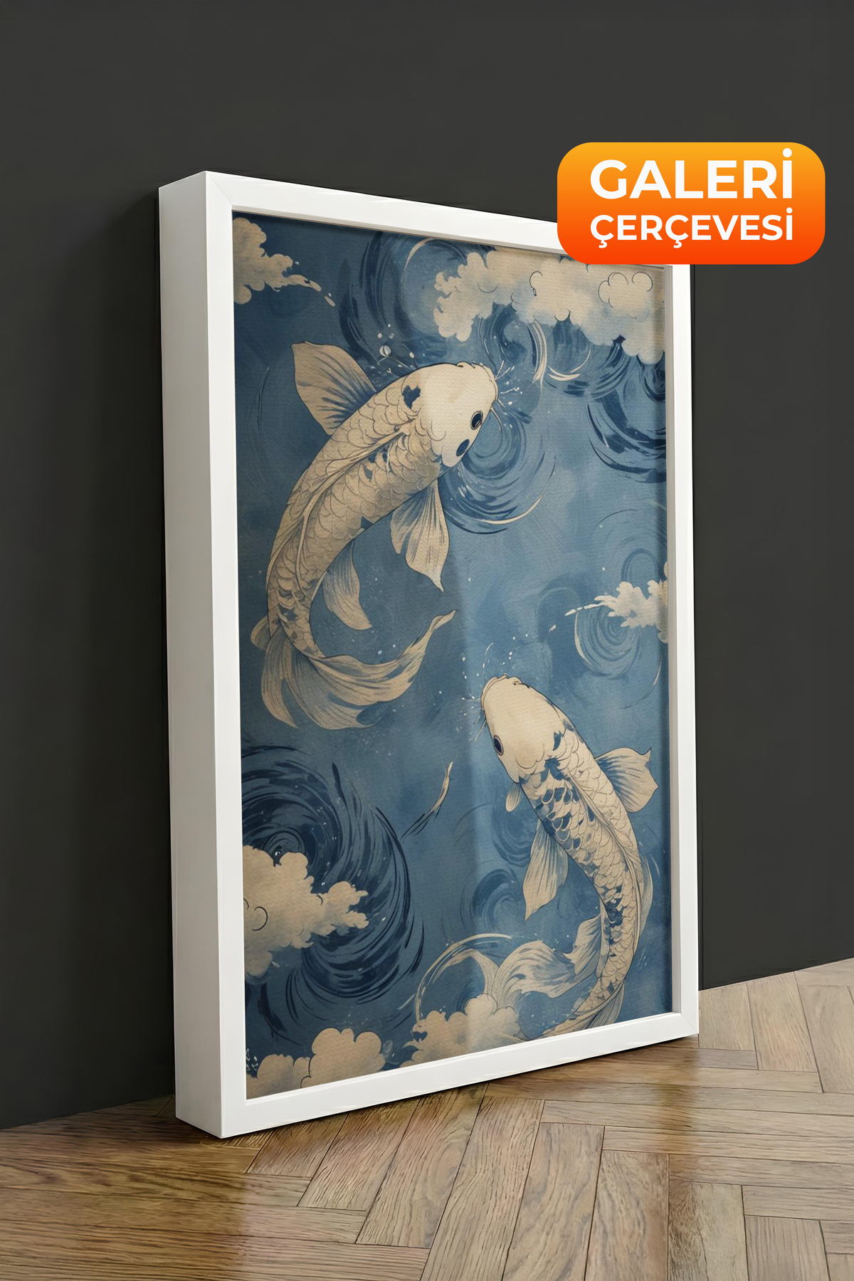 White Frame Canvas Painting Koi Fishes Premium Serial No 107505 Between Japanese Waves