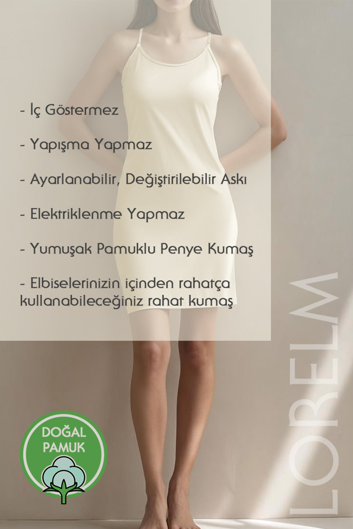 Lorelm Pamuklu Kadın Kombinezon Kısa Elbise Astar Mini Dizüstü görsel 2