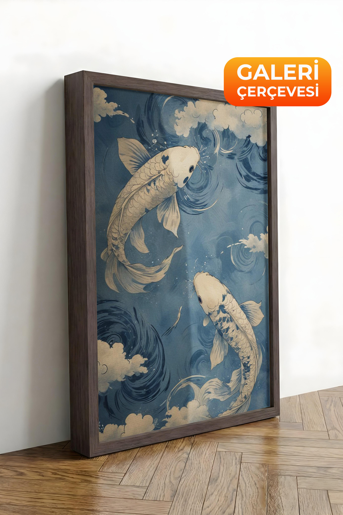Brown Framed Canvas Painting Koi Fishes Premium Serial No 107505 Among Japanese Waves