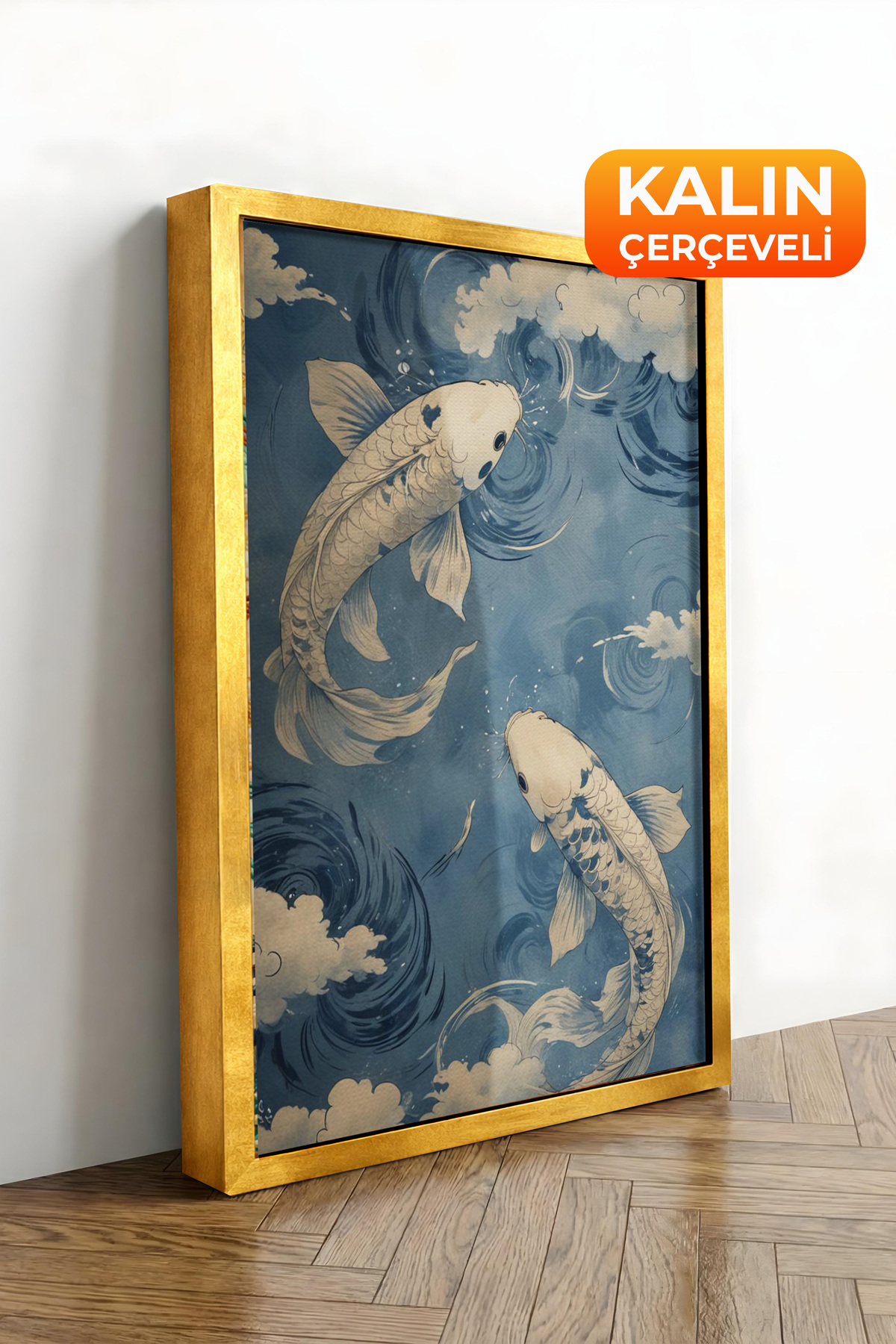 Gold Frame Canvas Table Koi Fishes Premium Serial No 107505 Between Japanese Waves