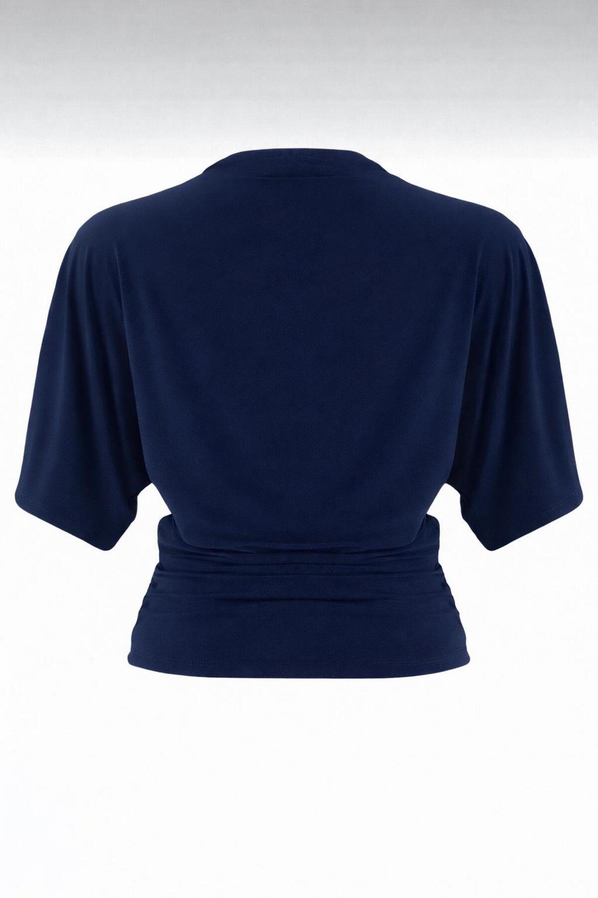 peri tower  Kadın Lacivert Fitted/Vücuda Oturan Kayık Yaka Yarasa Kol Esnek Örme Bluz 0067 - Görsel 2