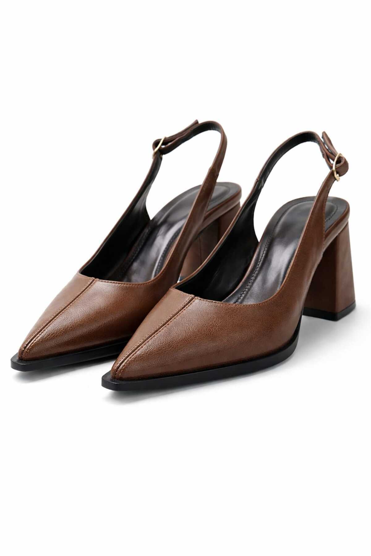 CİMİLİ SHOES Kadın Kahve 7 Santim Topuk Sivri Burun Kadın Klasik Deri Topuklu Ayakkabı Kaymaz taban görsel 6