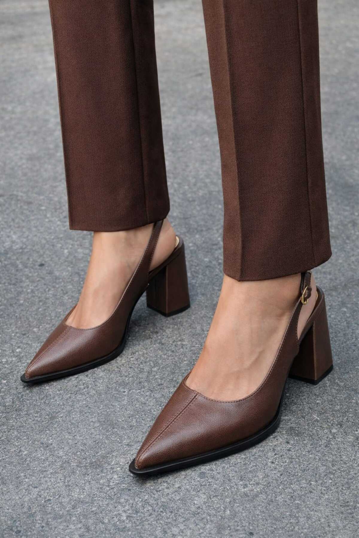 CİMİLİ SHOES Kadın Kahve 7 Santim Topuk Sivri Burun Kadın Klasik Deri Topuklu Ayakkabı Kaymaz taban görsel 5