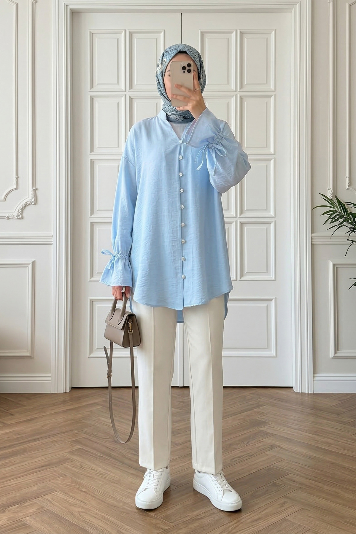 Laced Back Long Buttoned Tunic Shirt -Baby Blue
