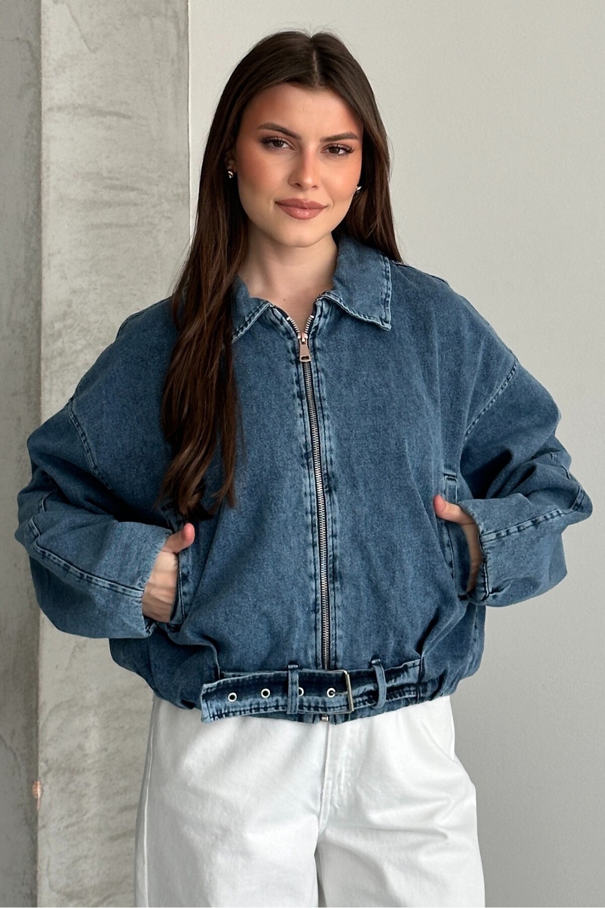 moda armanc  Kadın Oversize Bomber Jean Ceket – Kemer Detaylı Denim Kot Ceket