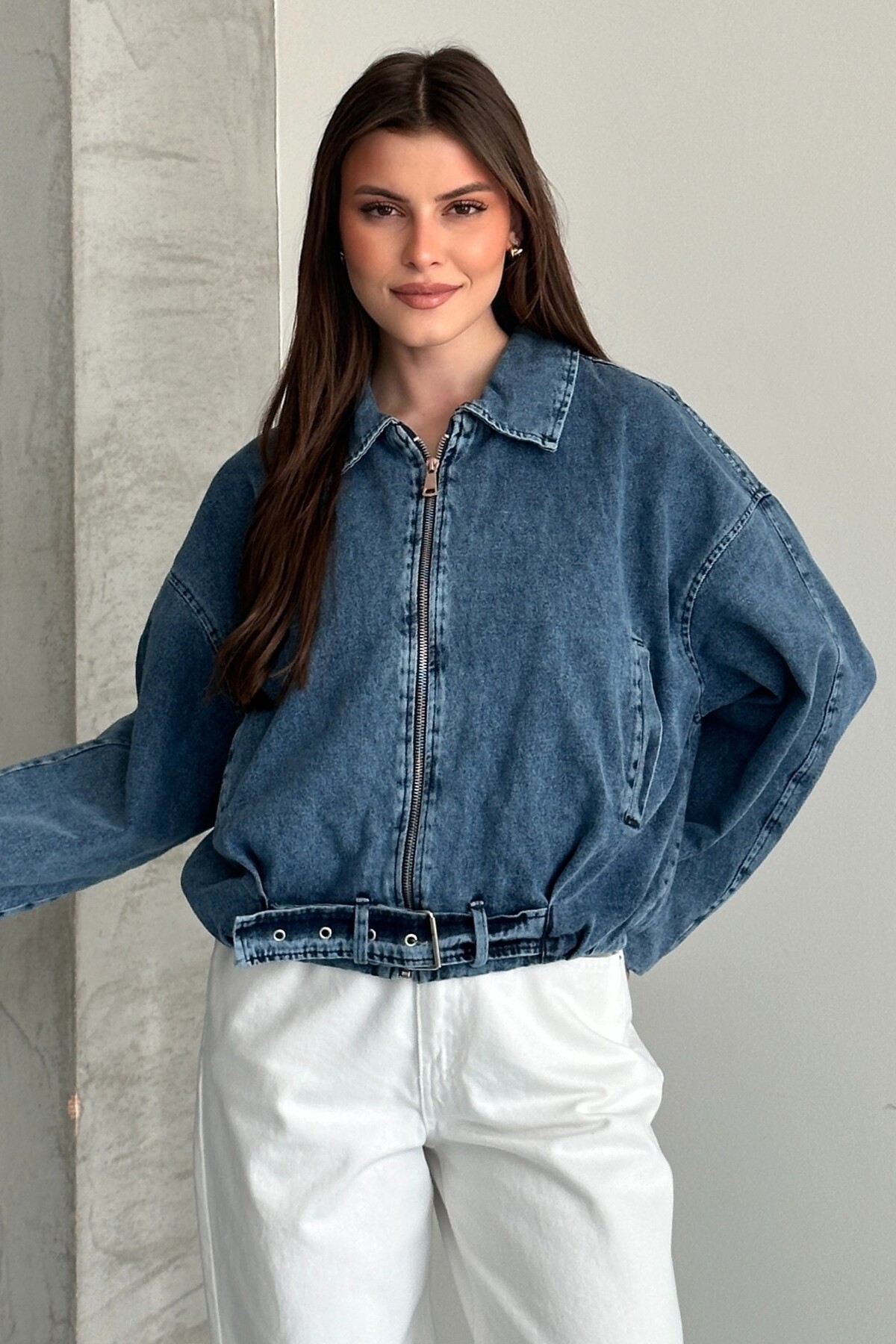 moda armanc  Kadın Oversize Bomber Jean Ceket – Kemer Detaylı Denim Kot Ceket - Görsel 6