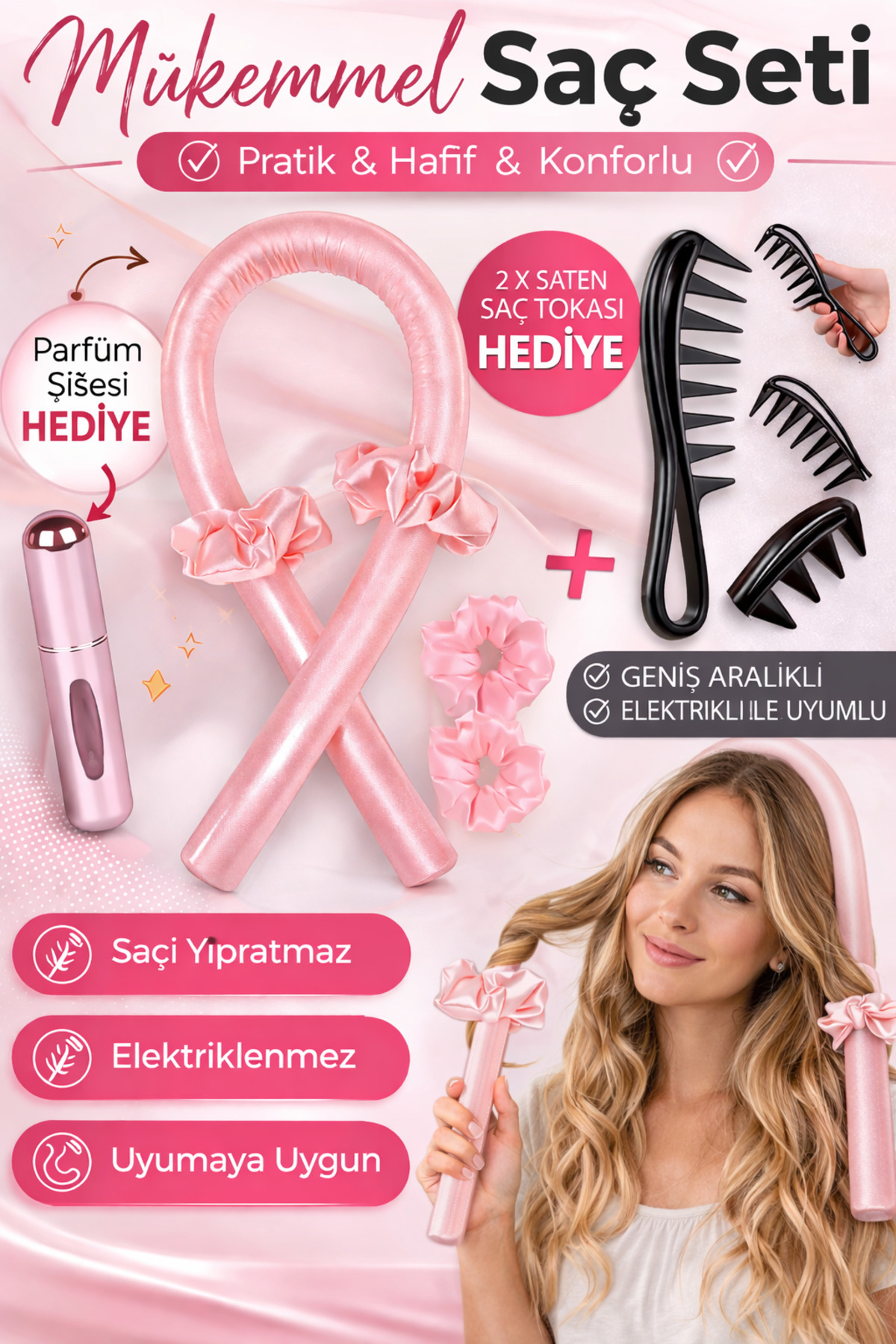 MAQYA KOZMETİK Isısız Saç Şekillendirme Seti Saten Saç Sosisi Saç Bigudisi Seti/Parfüm Şişesi/Açma Tarağı HEDİYE — رنگارنگ 3LÜSETŞİŞETARAKBİGUDİ