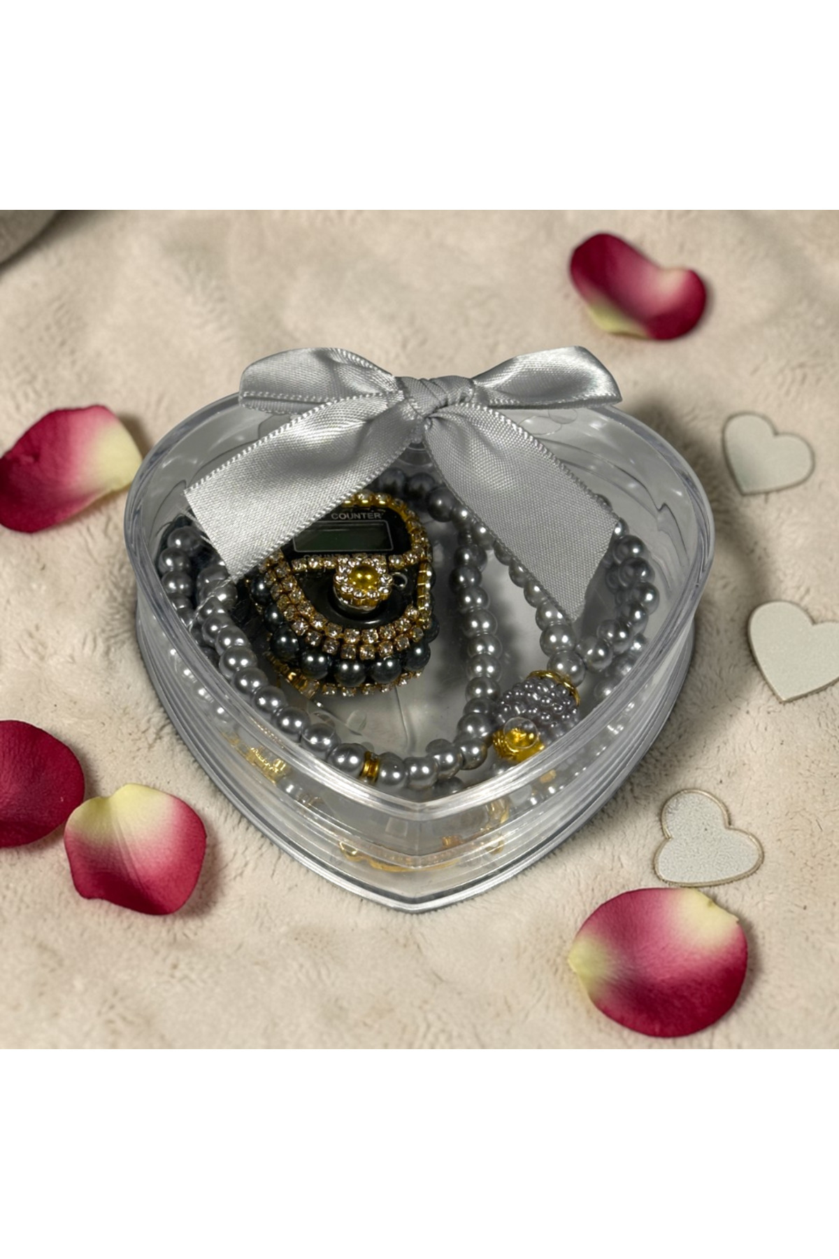 Luxury Decorated Digital Zikirmatik and Pearl Rosary Heart Box - Umrah and Hajj Gift