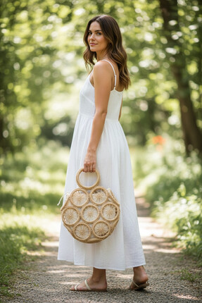 Paçuli Moda Yuvarlak Mini Boy Camel Hasır El Çantası