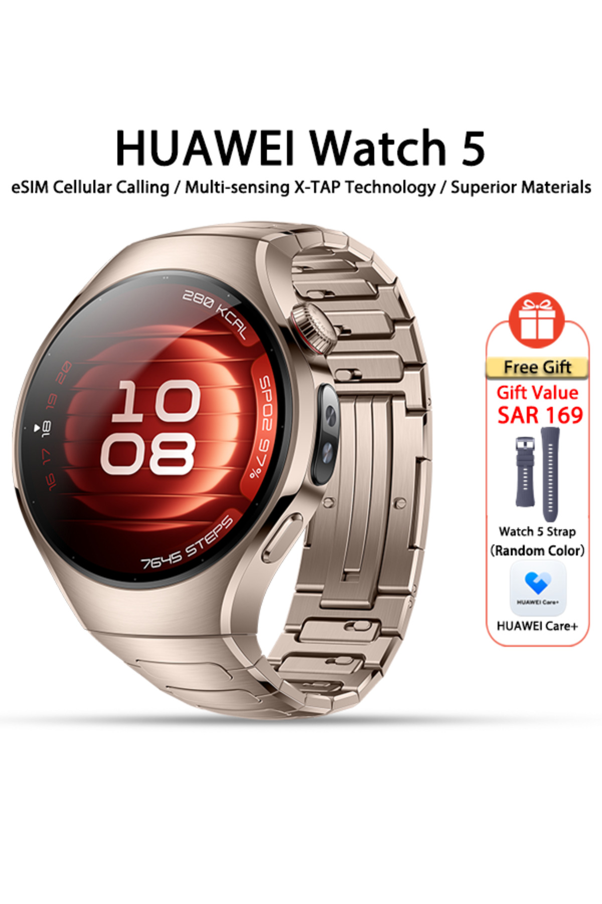 Smartwatch WATCH 5, eSIM chip, two battery modes, iOS and Android systems, HUAWEI Care+ service
