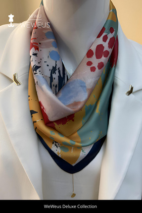 Weweus Kırmızı Pastel Desen Lüks Saten Bandana Fular