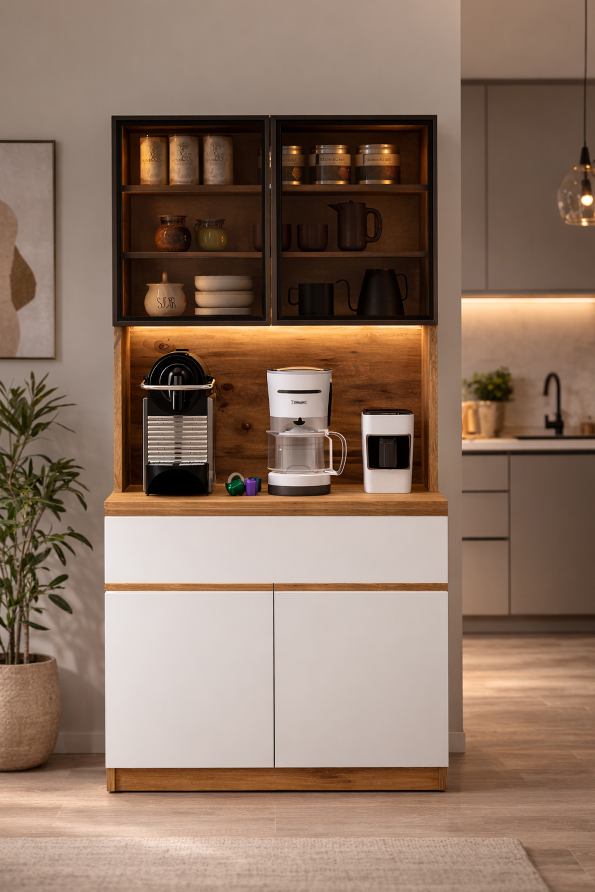 Sofia Coffee Corner Smoked Glass Led Airfry Pantry Cupboard Multi-Purpose Cabinet with Drawer A.Çam