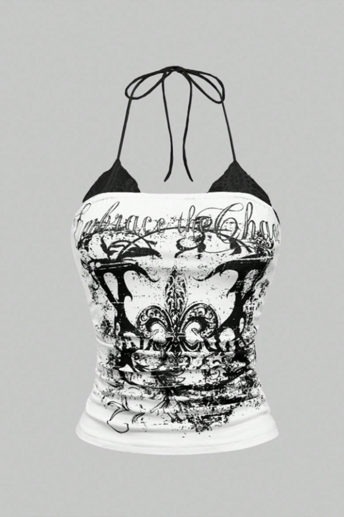 Köstebek  Beyaz Dantelli Embrace The Chaos Gotik Y2K Boyundan Bağlamalı Crop