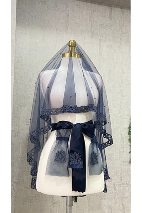 NEHİR AKSESUAR Lacivert Gelin Duvak Seti, Cam Boncuk Ve İncili, Kına Gecesi D...