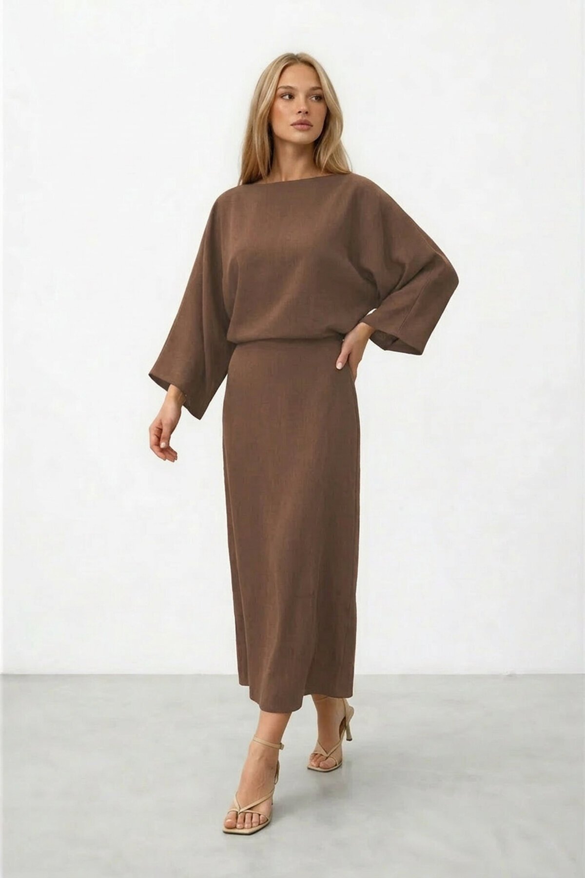 VAGGON  Salaş Kesim Yarasa Kol Uzun Elbise - Görsel 5