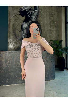 missswans Amaliya Onü Taşlı Düşük Omuz Detaylı Midi Boy Abiye Pudra