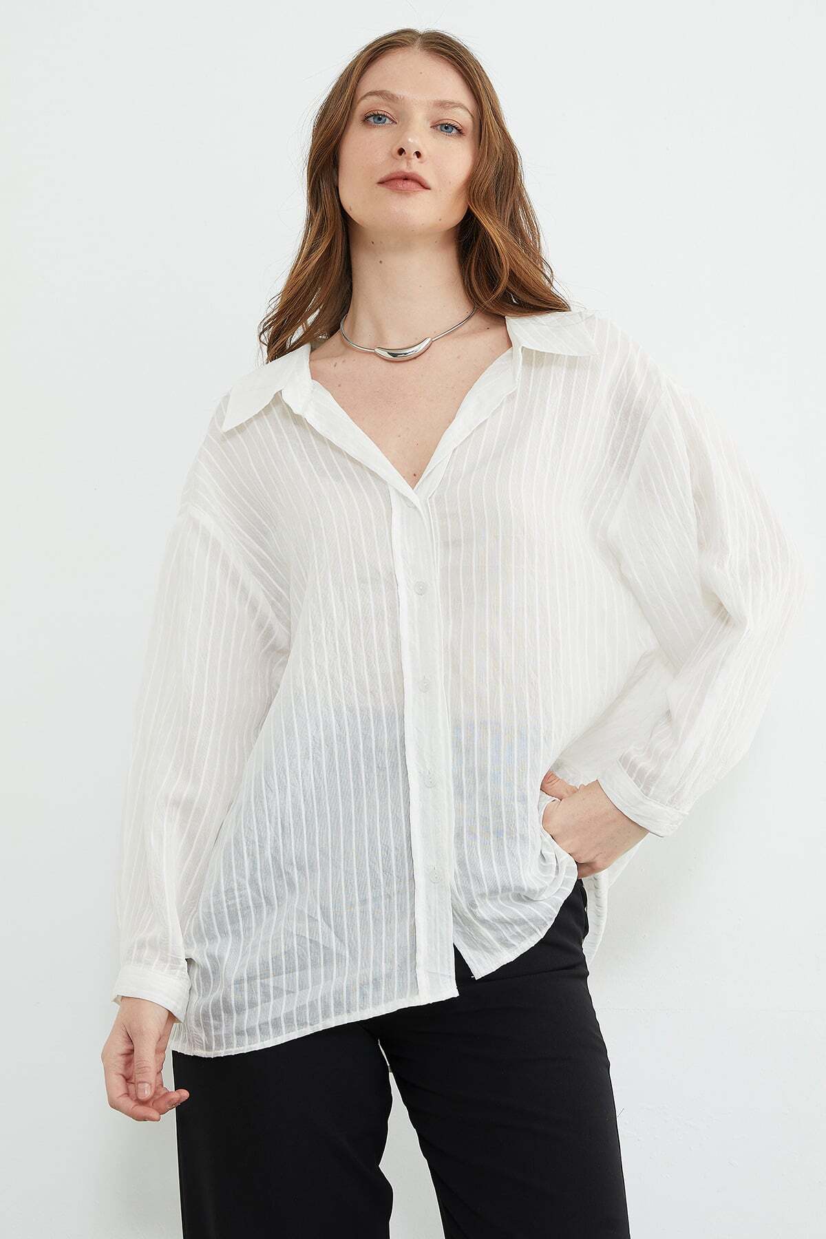 Fullamoda  Çizgili Jakarlı Salaş Gömlek - Görsel 6