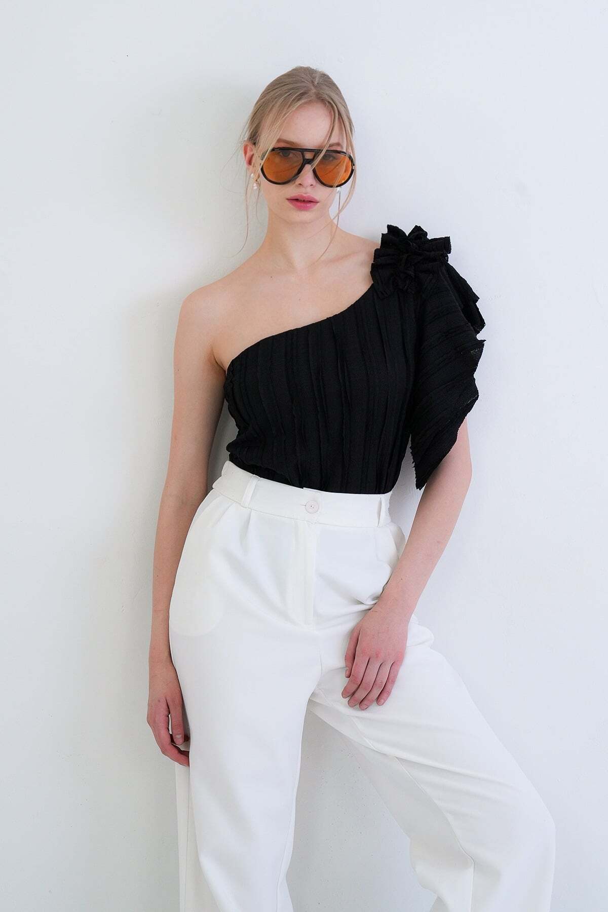Black One Shoulder Detailed Blouse ALC-X12191