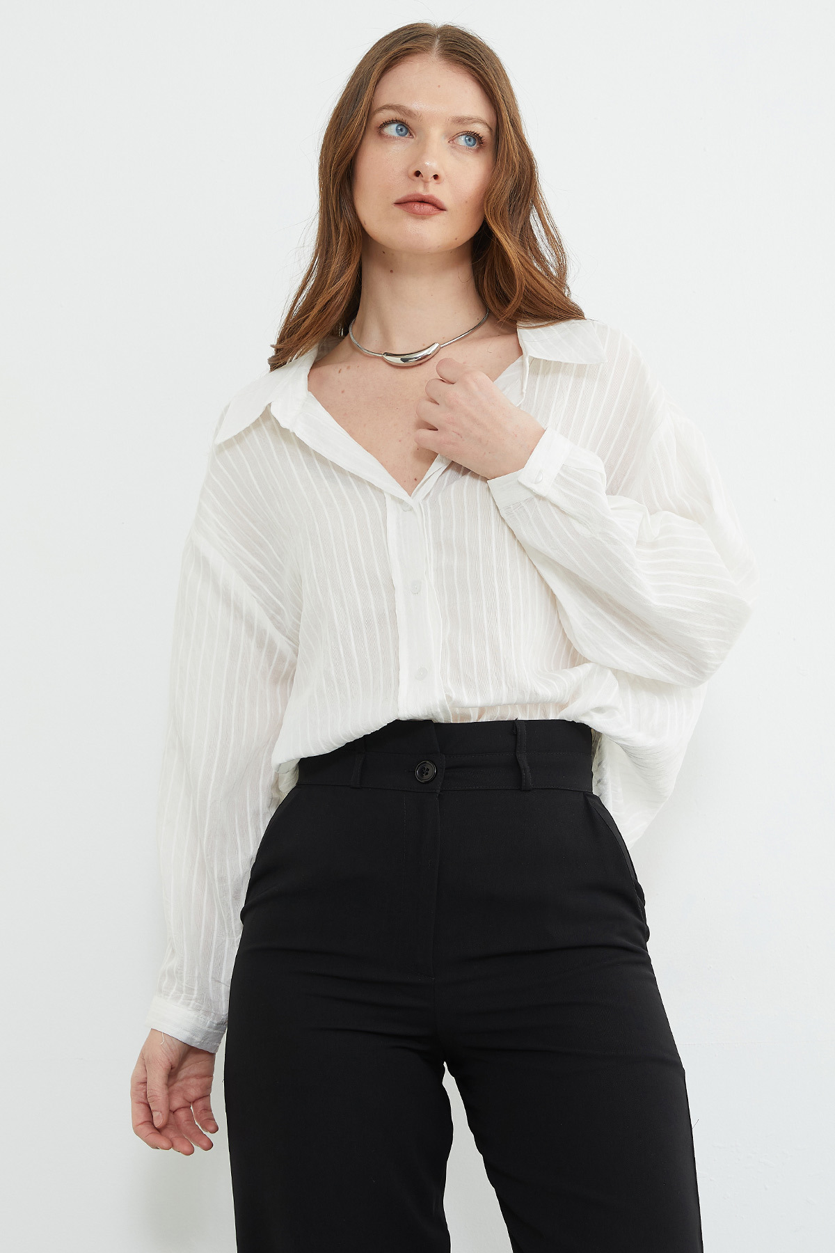 Fullamoda  Çizgili Jakarlı Salaş Gömlek - Görsel 5