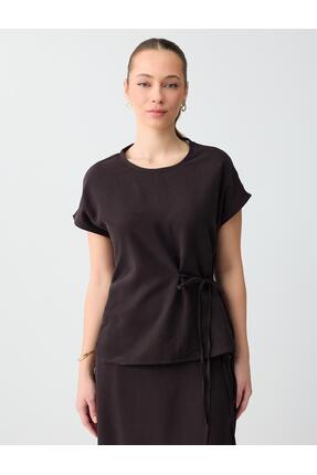 Jimmy Key Acı Kahve Yuvarlak Yaka Kolsuz Bağcık Detaylı Dokuma Bluz