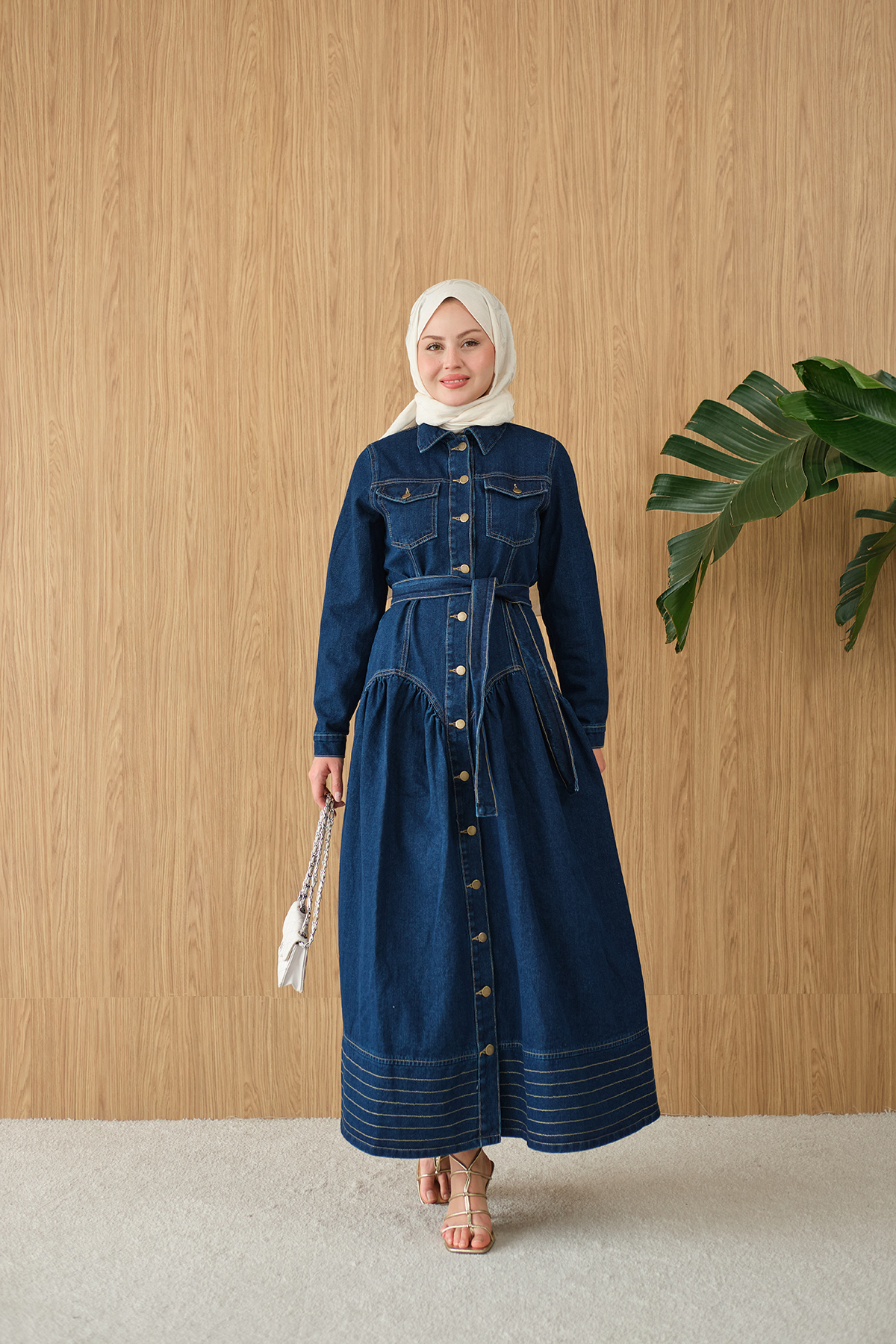 LOCCO  Kadın Çift Cepli Bel Büzgü Ve Dikiş Detay Boydan Düğmeli Kot Elbise Lacivert - Görsel 2