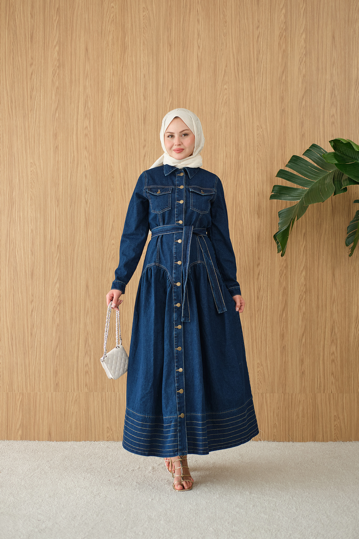 LOCCO  Kadın Çift Cepli Bel Büzgü Ve Dikiş Detay Boydan Düğmeli Kot Elbise Lacivert - Görsel 4