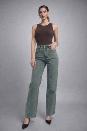 Feyna Straight Fit Özel Yıkama Siyah/Yeşil Düz Paça Kadın Denim Pantolon