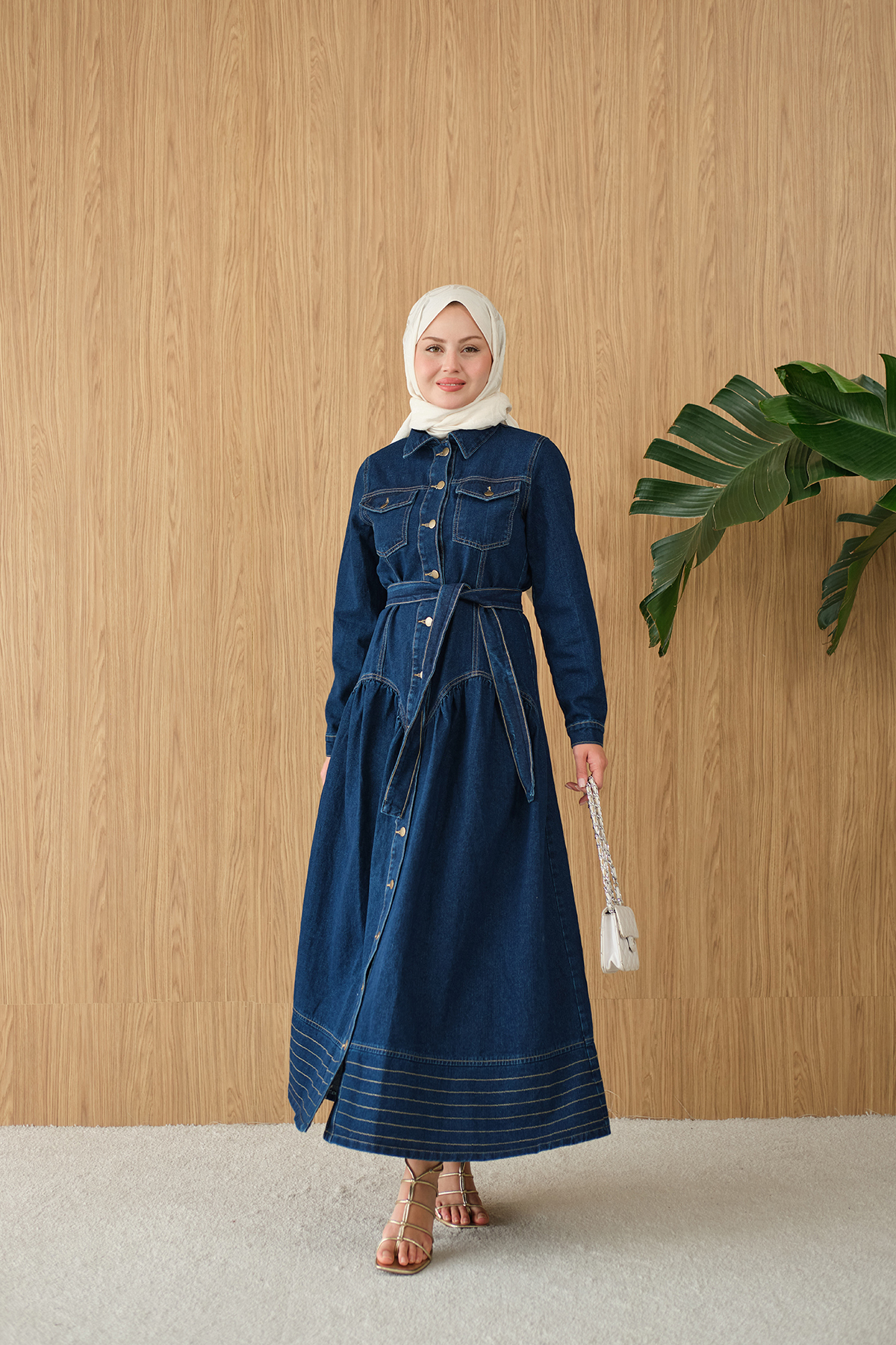 LOCCO  Kadın Çift Cepli Bel Büzgü Ve Dikiş Detay Boydan Düğmeli Kot Elbise Lacivert - Görsel 3