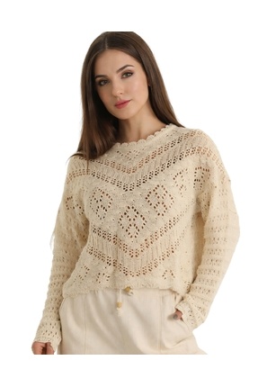 MODASPARK Bej Kabartma Desenli Ajurlu Mevsimlik Kadın Pamuk Bluz