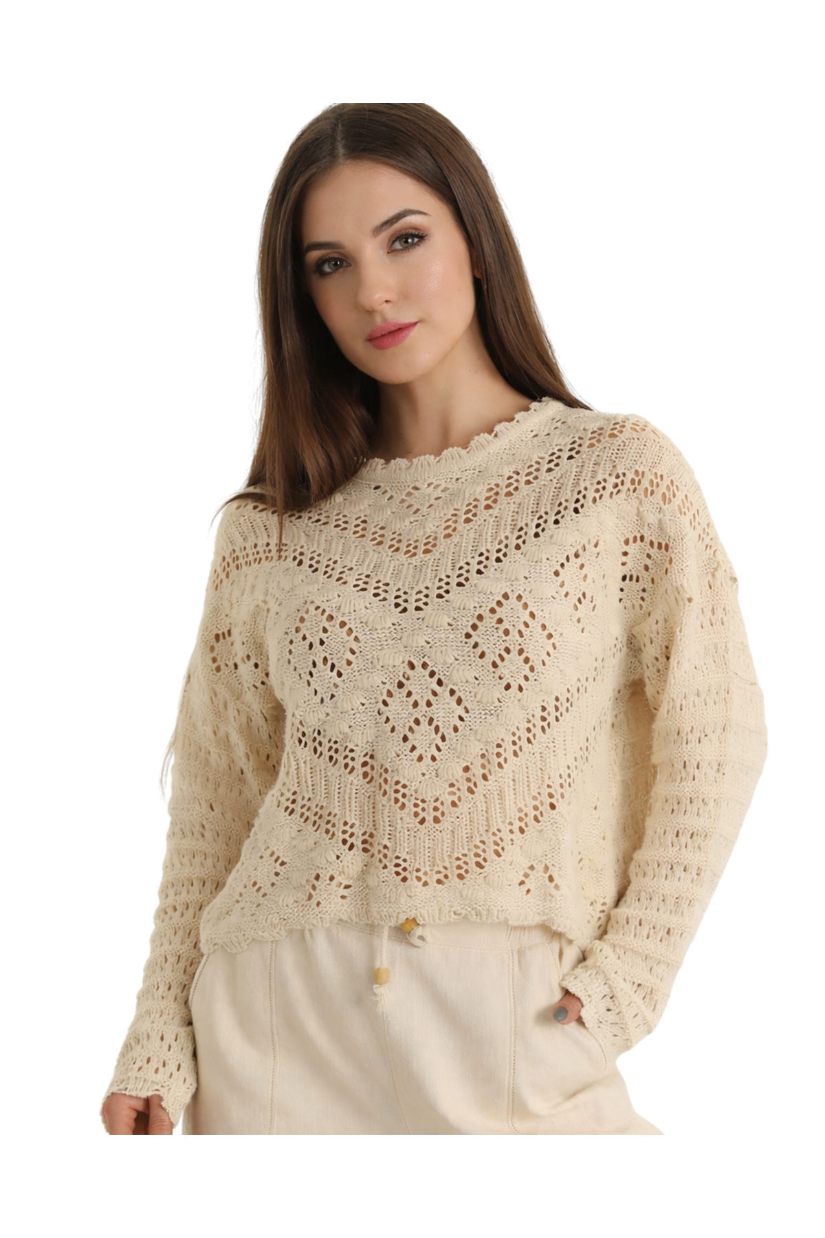 Beige Embossed Patterned Openwork Seasonal Women's Cotton Blouse