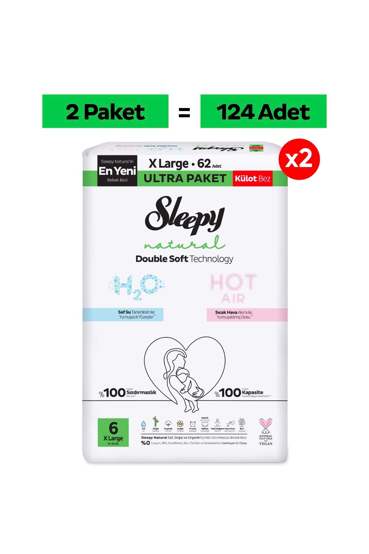 Sleepy Natural Double Soft Ultra Paket Külot Bez 6 Numara Xlarge 124 Adet fotoğrafı 2 (önizleme)