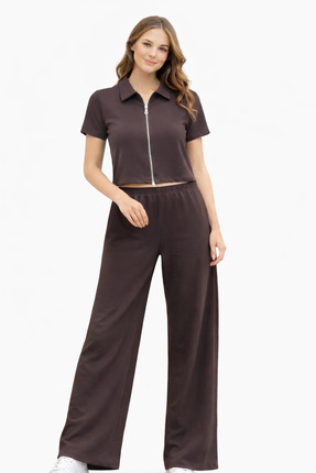 COLVIS MAN Kadın Kahverengi Fermuarlı Polo Yaka Crop Üst Bol Paça Pantolon Ra...