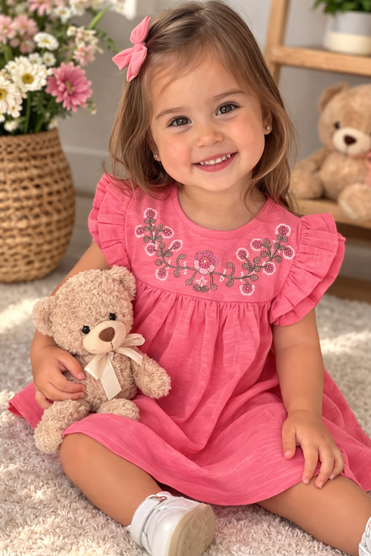 Uğur bebe CİGİT %100 Pamuk Nar çiçeği renk Kız Bebek TUNİK Elbise Nakışlı Yazlık Şık Rahat Günlük fotoğrafı 2 (önizleme)