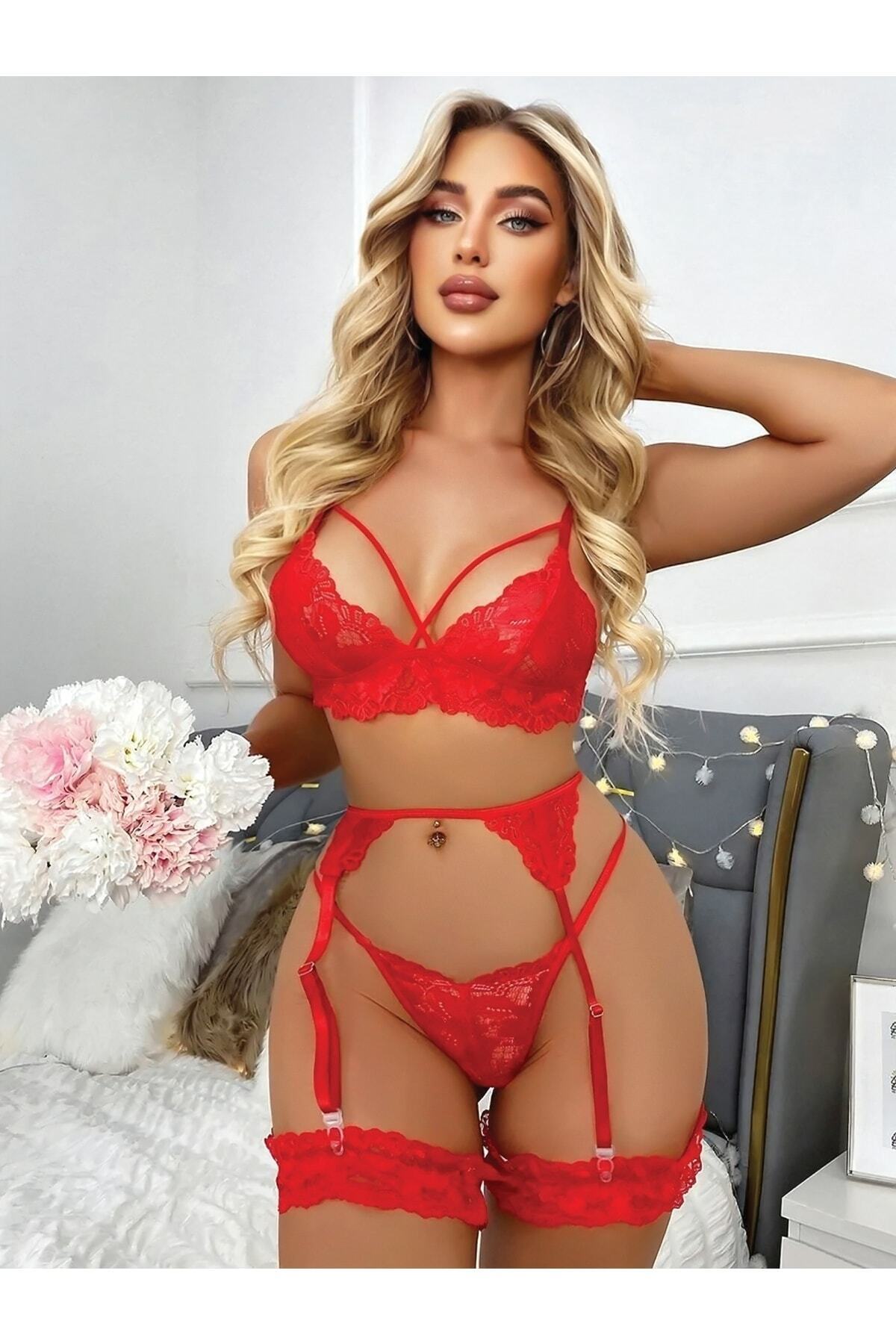 Kırmızı Dantelli Bustiyer Jartiyer Takım 7112