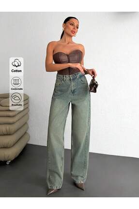 MAGNOX Kadın Vintage Yıkama Yüksek Bel Wide Leg Denim Jean Pantolon - Antik Mavi